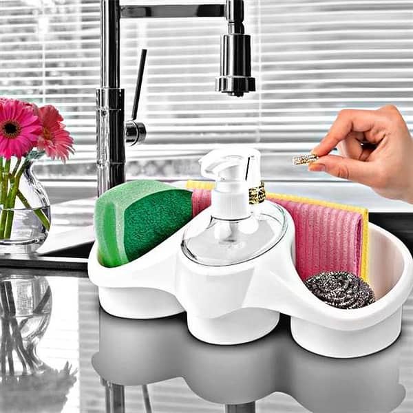 3-in-1 Kitchen Sink Organizer with Liquid Soap Dispenser, Sponge Tray and Brush Rack - Space-Saving, Rust-Proof ABS