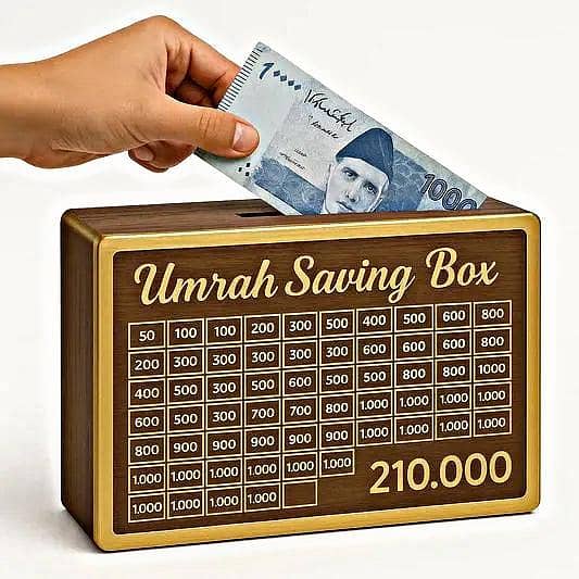 Umrah Savings Box 210K: Premium Wooden Money Box with 210,000 PKR Tracker Counter
