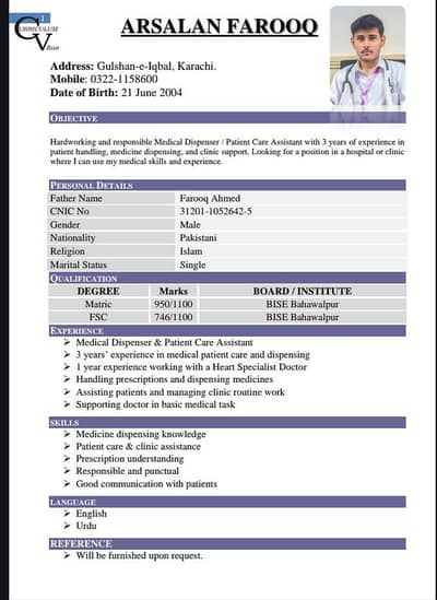 medical Dispenser/ patient Care assistant 3 year experience / karachi