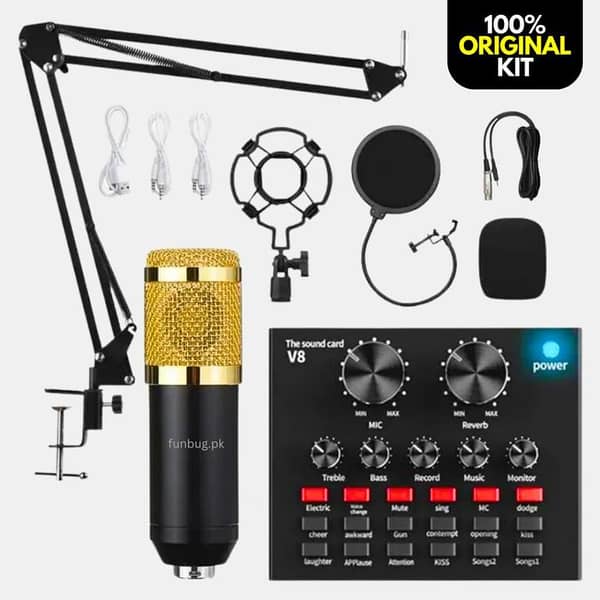High-Quality  BM800 Condenser Microphone KIT with V8 SoundCard for Studio Recording ~ Home Studio Setup for PodCasting, Live Streaming, Gaming, Singing, ASMR with Mic Suspension Adjustable Scissor Arm, XLR Cable, Shock Mount & Pop Filter ~ FunBug