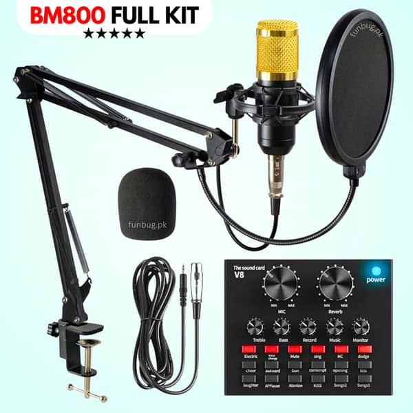 ORIGINAL BM800 Condenser Microphone KIT with V8 SoundCard for Studio Recording — Home Studio Setup for Podcasting, Live Streaming, Gaming, Singing, ASMR by FunBug