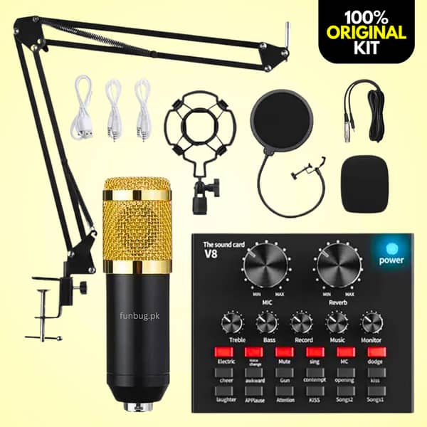 BM800 Condenser Microphone Kit with V8 SoundCard for Studio Recording – Home Setup for Podcasting, Streaming, Gaming, Singing, ASMR (Mic Arm, XLR Cable, Shock Mount, Pop Filter) — FunBug