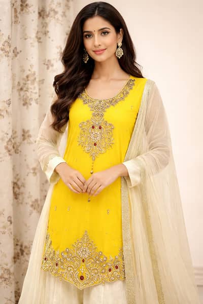 Beautiful Yellow Embroidered Ethnic Dress  3 piece