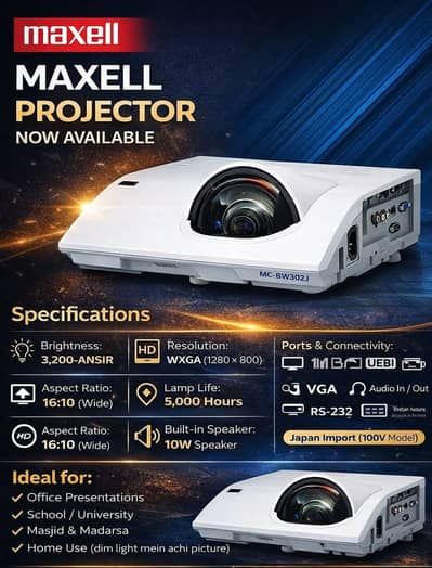 Maxell MC-BW302J 3LCD Short Throw Projector – 3000 Lumens, WXGA HD, O