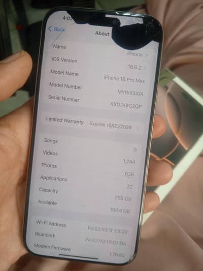 iphone 16 pro max 256gb  pta approved back cracked