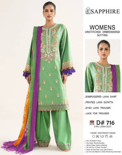 Sapphire 3PC Embroidered Luxury Designer Lawn Vol-05 | Original Brand