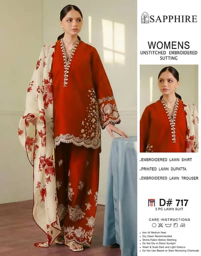 Sapphire 3PC Embroidered Luxury Designer Lawn Vol-05 | Dyed Embroider