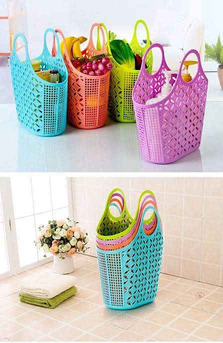 Multi-Purpose Plastic Storage Basket with Handles – Portable Organizer for Shopping, Laundry, and Home Use