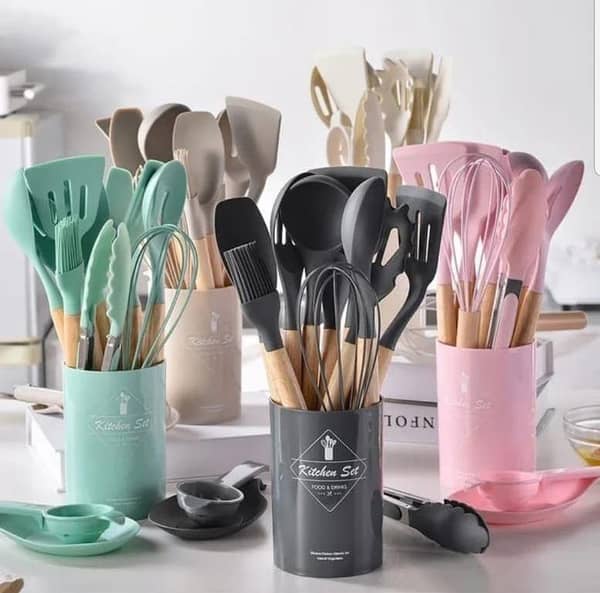 Silicone Cooking Utensils Set 12-Pcs – Heat-Resistant, Non-Stick Safe Kitchen Tools with Wooden Handles