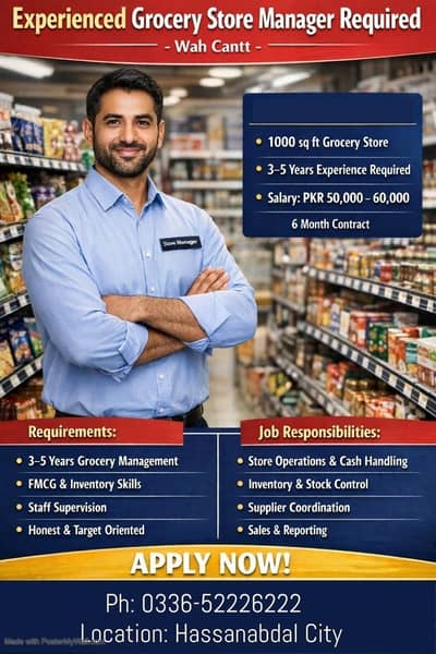 Experienced Grocery Store Manager Required – Wah Cantt