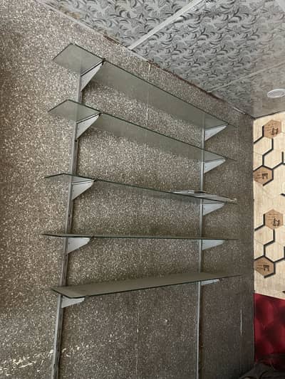5 shelves glass  1 Rack wooden