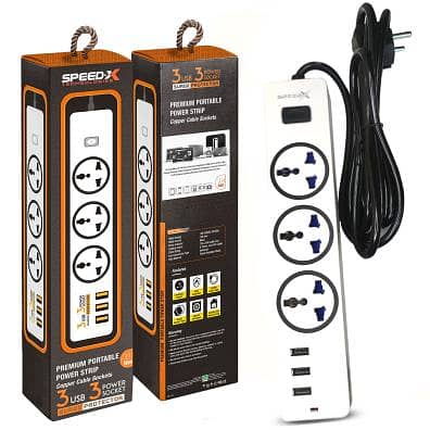 Speed-x 303pu Premium Portable Power Strip 3socket+3usb Port Cabel 2m