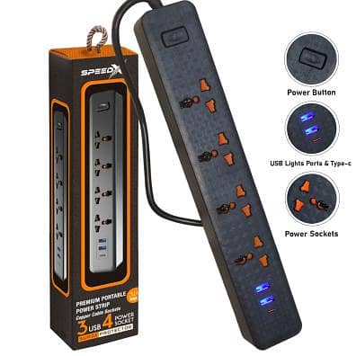 403puc Speed-x Premium Portable Power Strip 4socket+2usb+1type-c Port