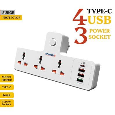 New 304puc Speed-x Premium Portable Power Strip 3socket+3usb+1type-c