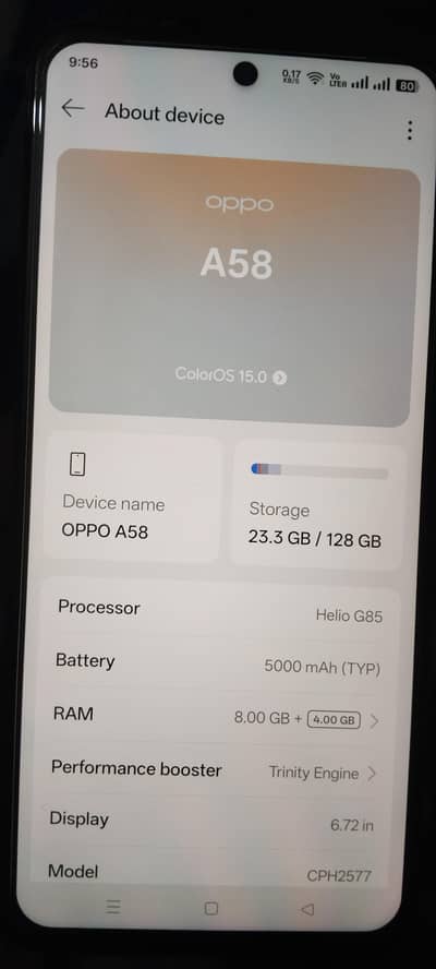 opoo a58 for sale all okay with box no charger condition 10 by 10