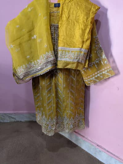 Mustard fancy party wear full embroidered dress