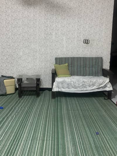 2 seater sofa with sides wood and 1 table