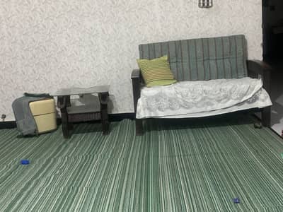 2 seater sofa with sides wood and 1 table