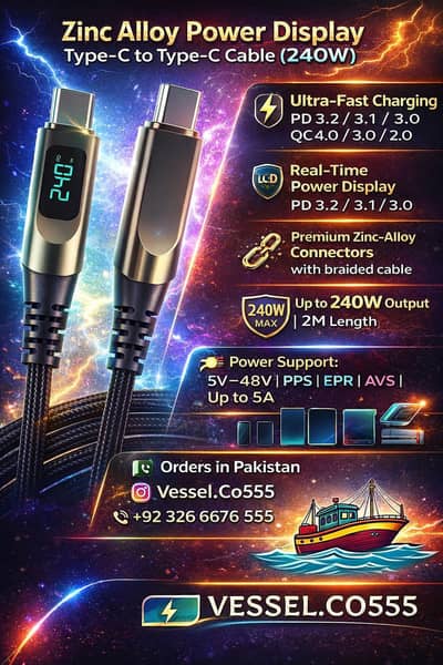Zinc Alloy Power Display Type-C to Type-C Charging Cable (240W]