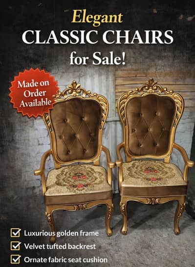 Luxury Classic Golden Chairs – Elegant Wooden Arm Chairs Set