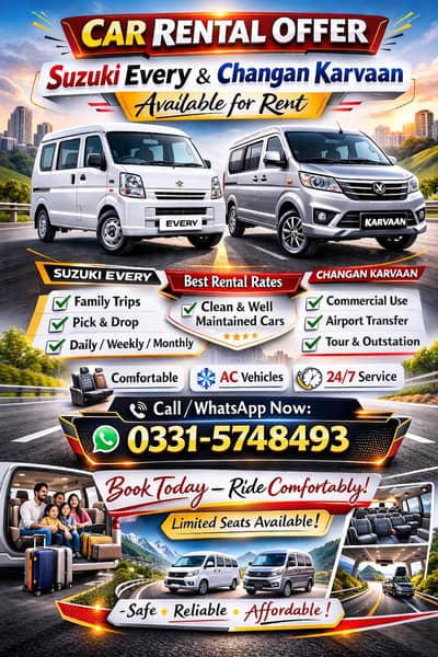 Rent changan and suzuki every 7 seater rent for  booking with driver.