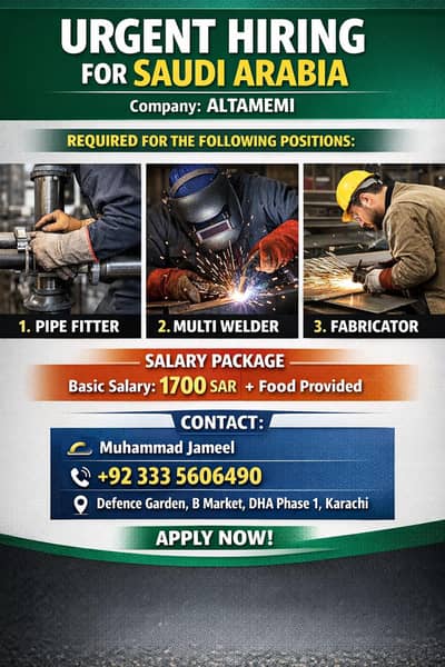 we are hiring for Saudi Arabia  pipe fitter fabricator multi welder