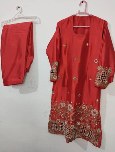 Elegant Deep Red 2-Piece Suit – Hand-Embroidered Dabka
