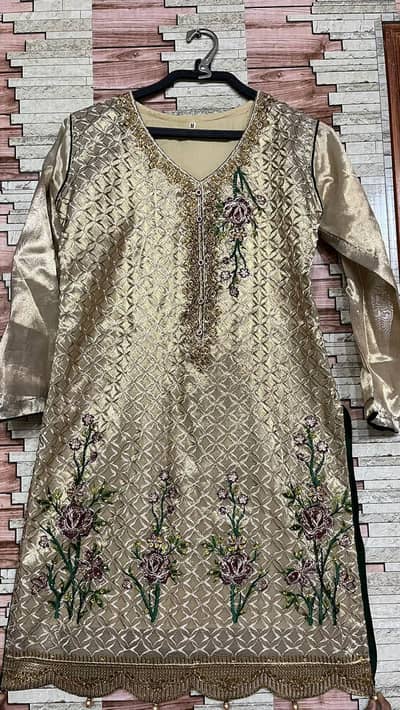 Party Wear Gold Shimmer Kurti with Embroidered Green Shalwar & Dupatta