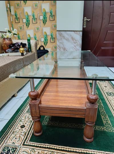 Shisham Wood table with side table, vintage, glass top