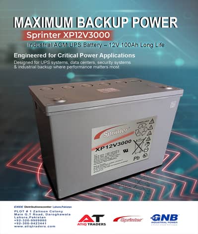 Sprinter XP12V3000 – 12V 100Ah Industrial AGM UPS Battery