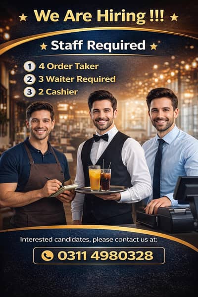 Order Takers Jobs | Waiter Jobs | Cashier Jobs | Staff Required