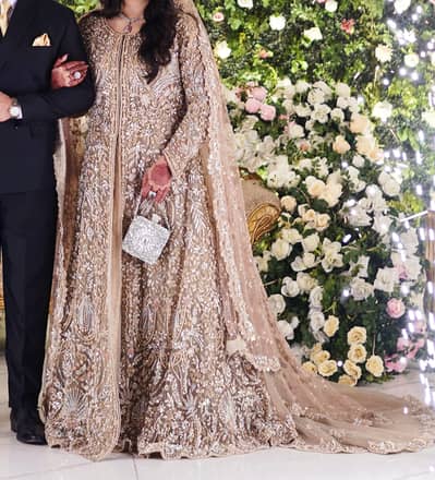 Bridal Gown, Golden/Peach Net Gown with a heavy tea pink dupatta