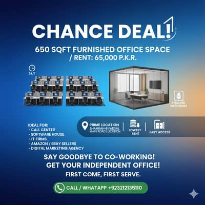 Chance Deal : 650 Sqft 20 Cubicles Furnished Call Center / Software House In Prime Location Of Shah rah e Faisal At Low Rent.