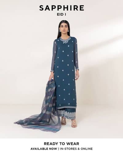 Sapphire 3 piece stitched embroidered eid dress