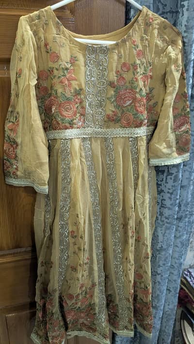 (2 dresses pics) mustard embroided frock & yellow frock (mayon) 3pc.