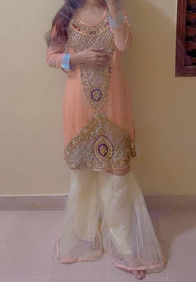 Stunning Peach & Gold Embroidered Sharara Suit (Party Wear)