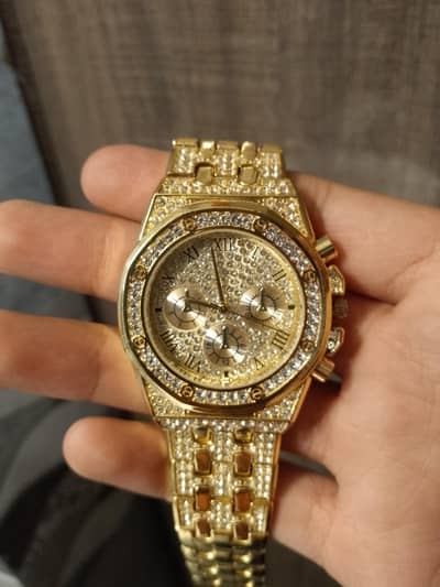 luxury gold plated iced - out watch