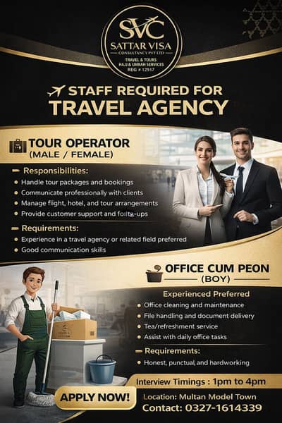Tour Operator Required (Male & Female) || Office Cum Peon Boy Jobs