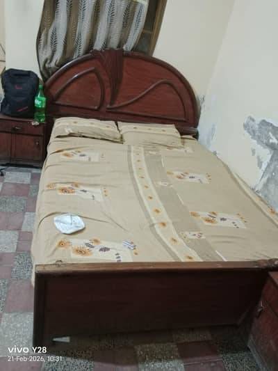 Wooden Double Bed with Side Tables – Solid & Stylish – Good Condition
