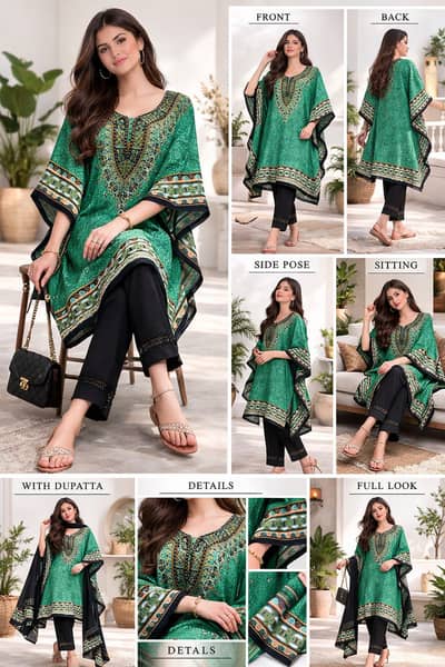 Elegant Green Printed Kaftan – Ready to Wear
