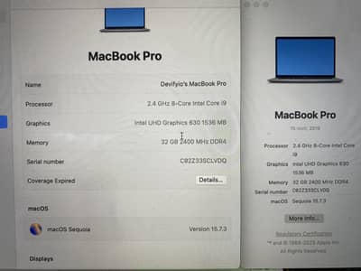 Apple macbook 2019 32/512 SSD Intel core i9 15’