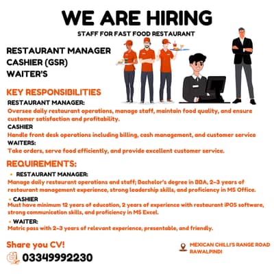 Restaurant Manager Job, Cashier Job, Waiter job in Rawalpindi
