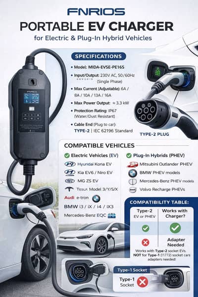 Portable EV charger- fast charging - type 1 / type 2 -
