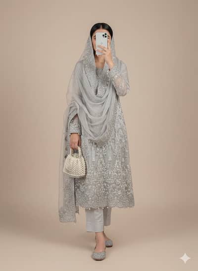 Stylish Silver Embroidered Fancy Dress (Maxi) with Dupatta.