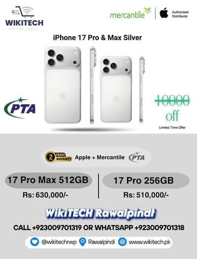 iphone 17 Pro Max 512GB & 17 Pro 256GB Silver PTA Approved.