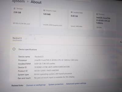 core i5 8genration 8/250 125mb graphic card