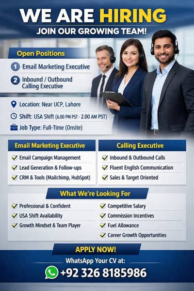 We Are Hiring – Email Marketing & Call Executives (USA Shift – Onsite)
