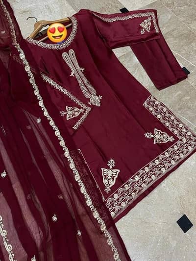Premium Embroidered Shamoz Silk 3-Piece Suit with Chiffon Dupatta