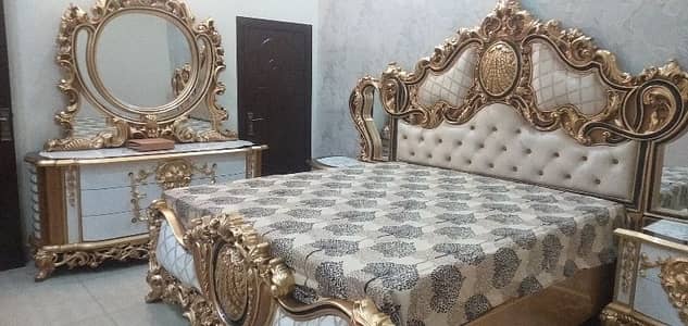 Bridal Bed, Side Table, Dressing, 3 door bartan almari, Chairs