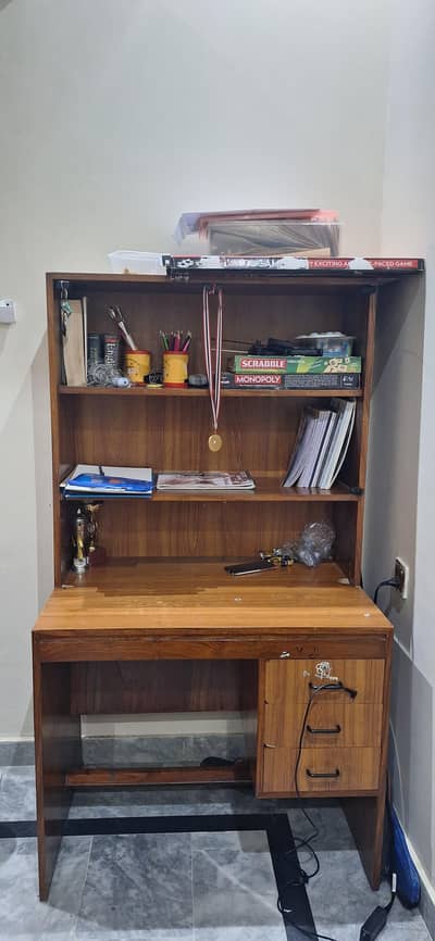 Wooden Study Table with Attached Bookshelf – Good Condition